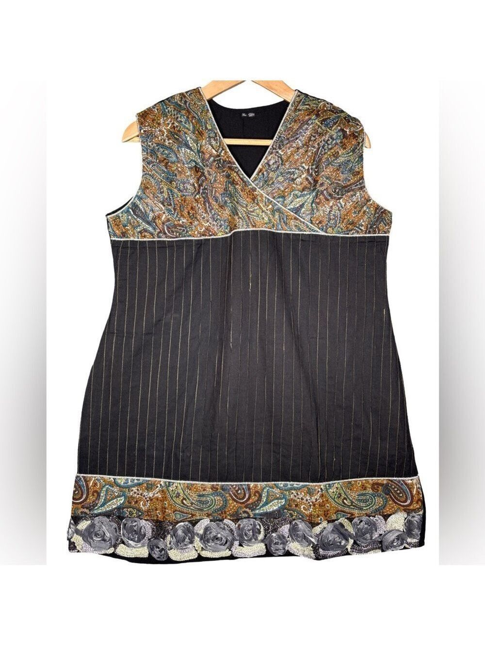 Black Paisley Mini Dress V-Neck Sleeveless Large